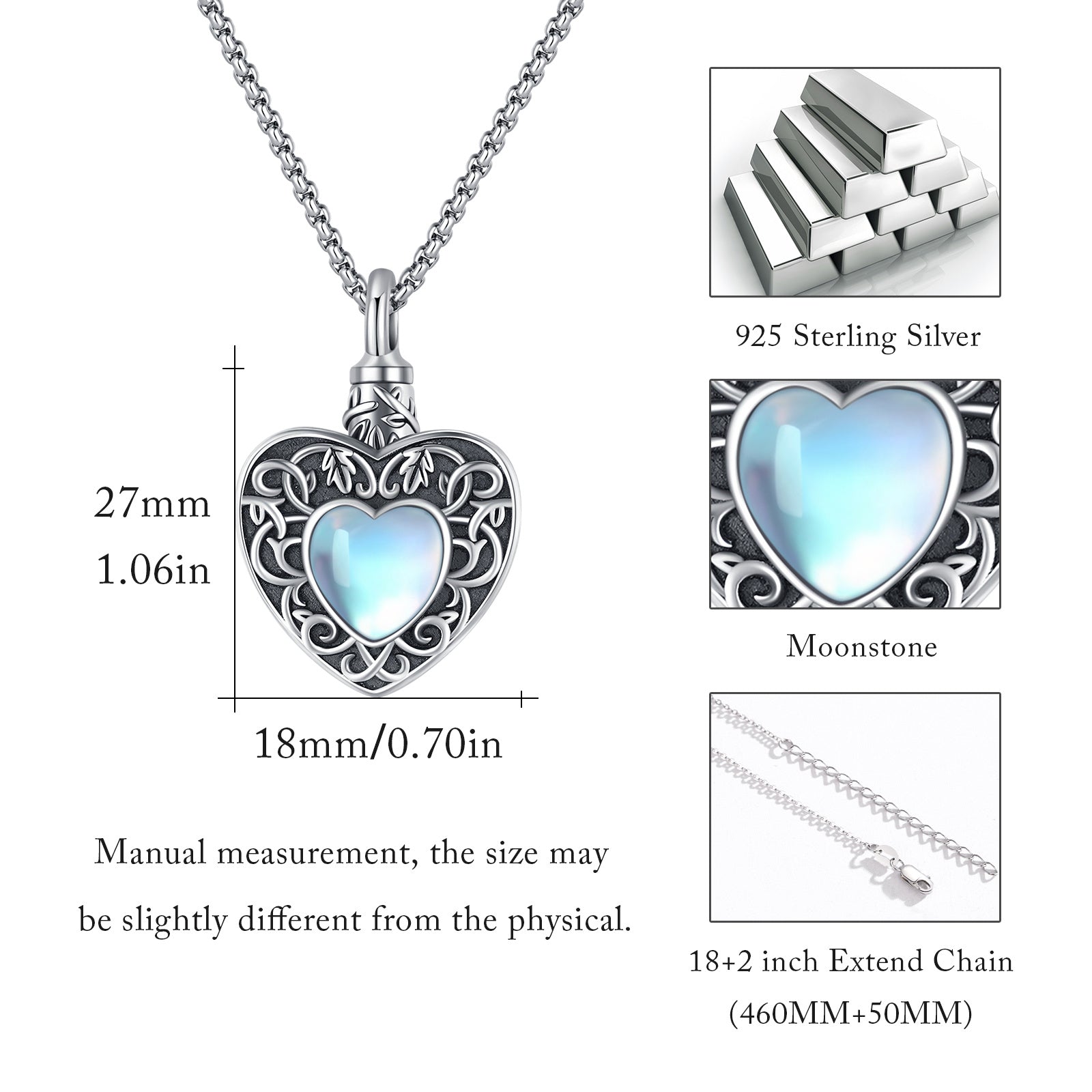 925 Silver Heart Urn Moonstone Necklace