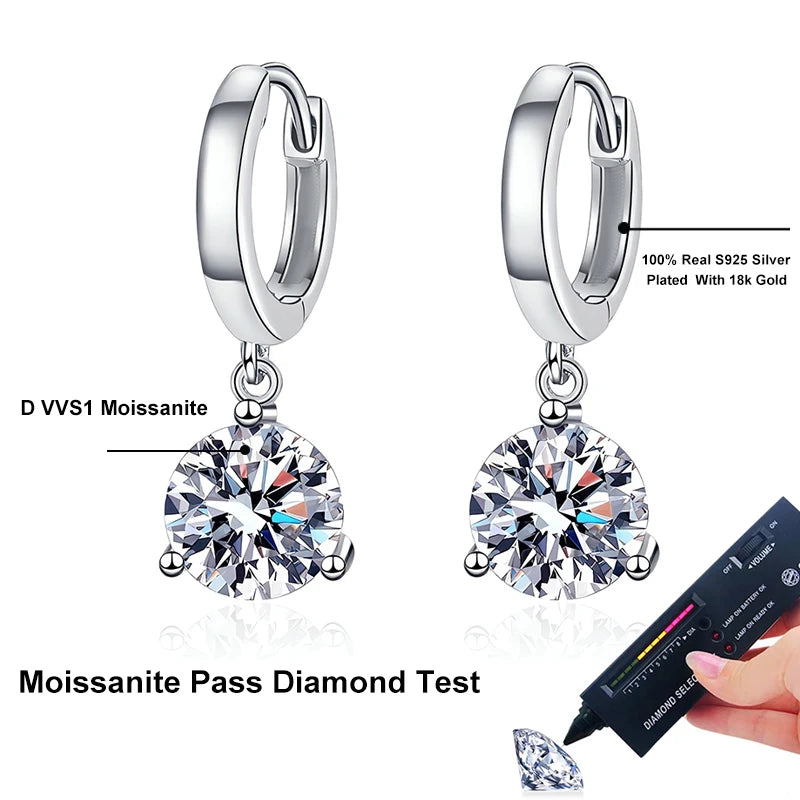 2ct Moissanite Drop Earrings, S925 Sterling Silver